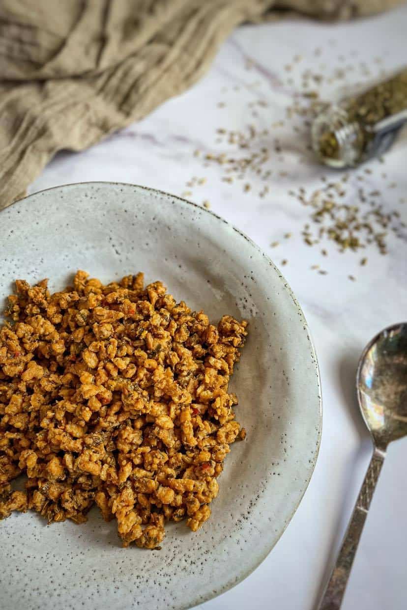 Vegan Italian sausage crumbles in a bowl.