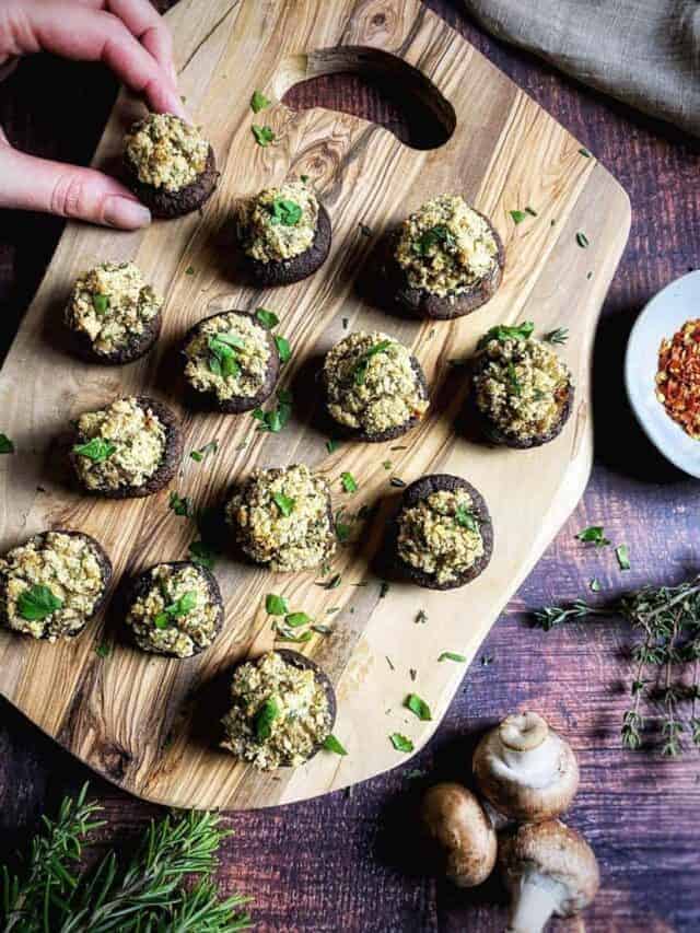 VEGAN STUFFED MUSHROOMS WITH HERBED ALMOND RICOTTA No Sweat Vegan
