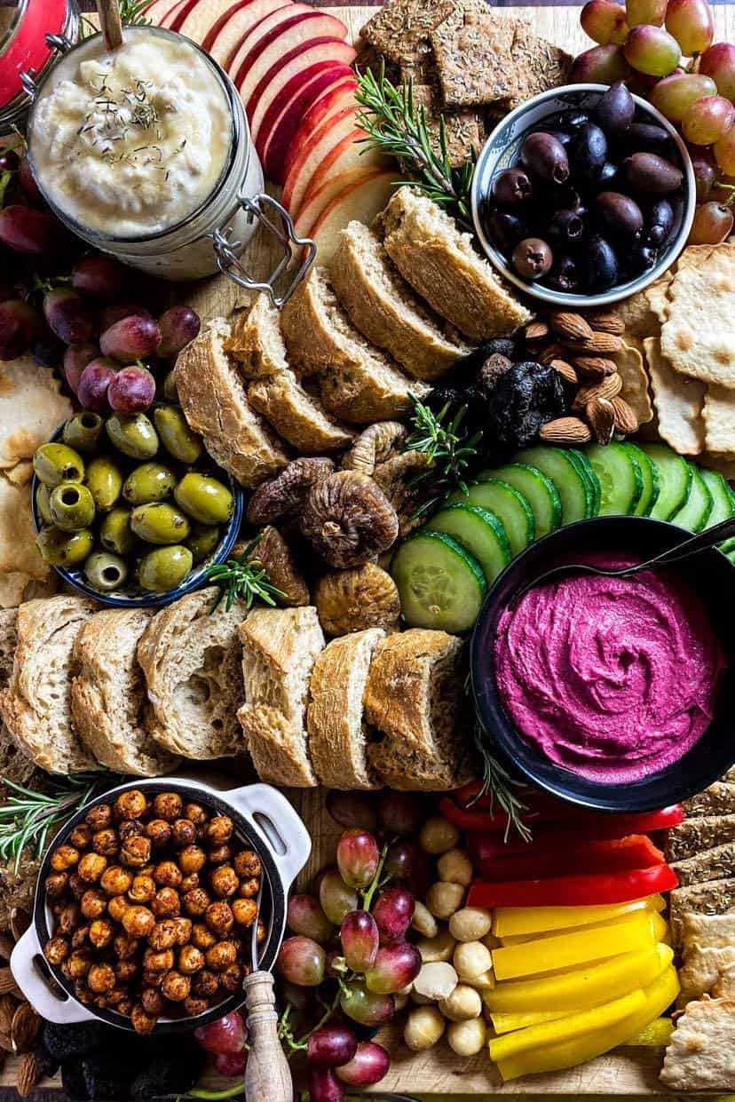 Closeup of vegan charcuterie board.