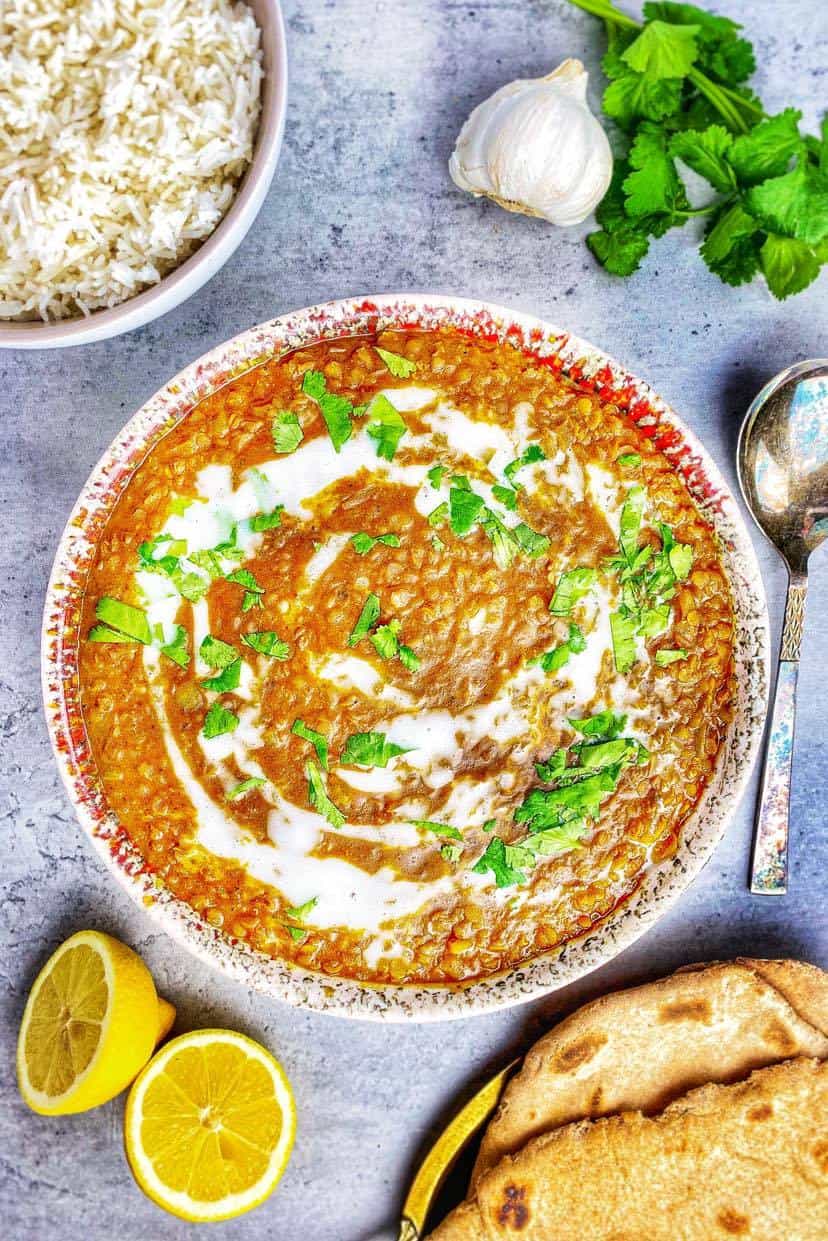 Bowl of red lentil dahl.