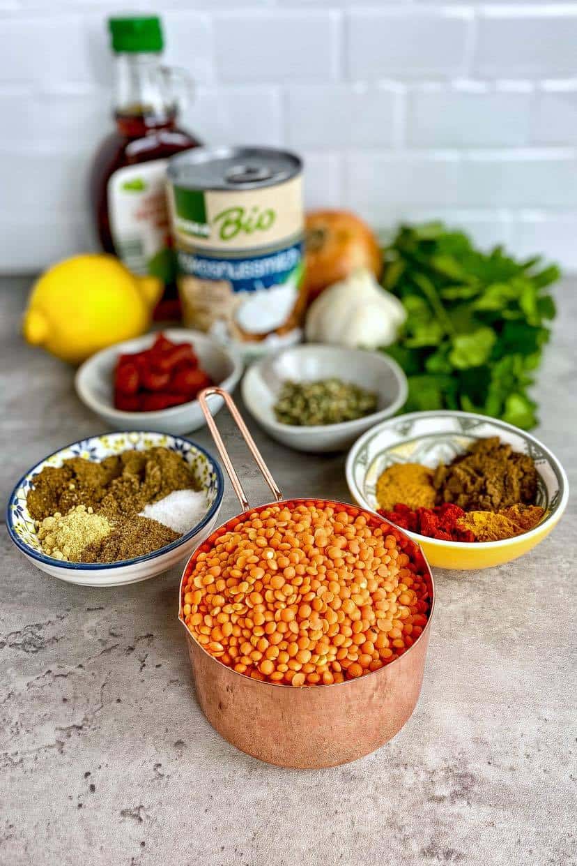 Ingredients for red lentil dahl.