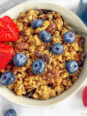 Closeup of vegan granola with blueberries.