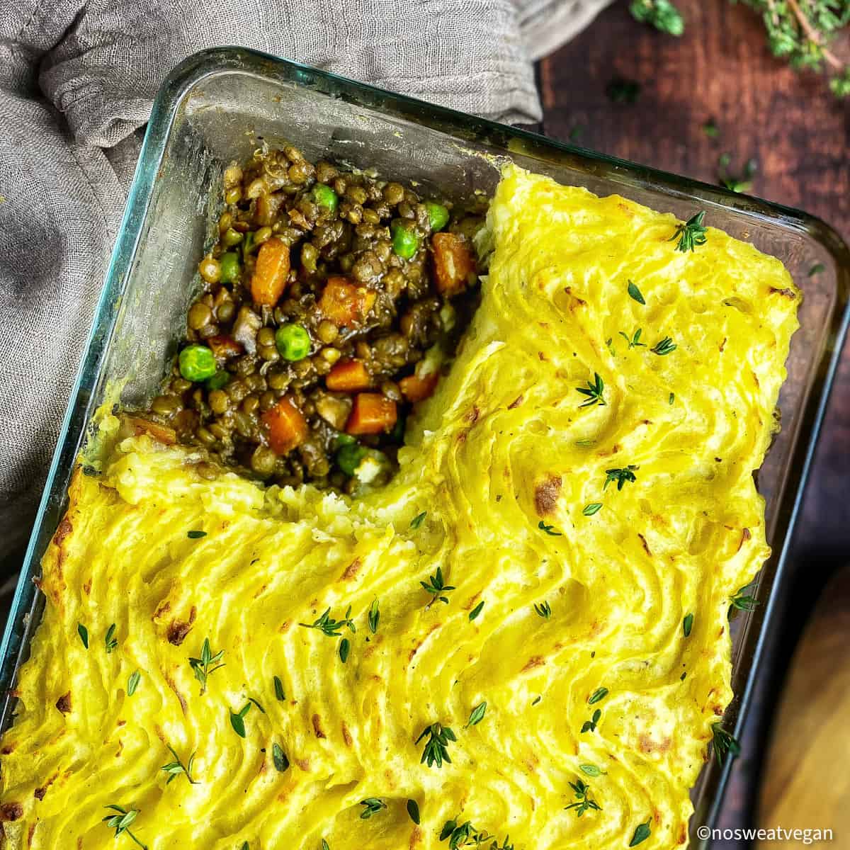 Lentil Shepherds Pie in baking dish.