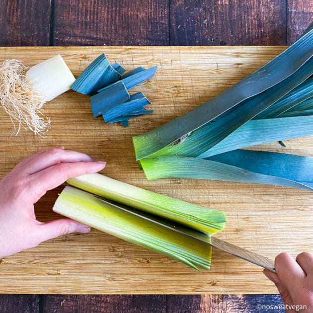 Chop the white of the leek in half lengthwise.