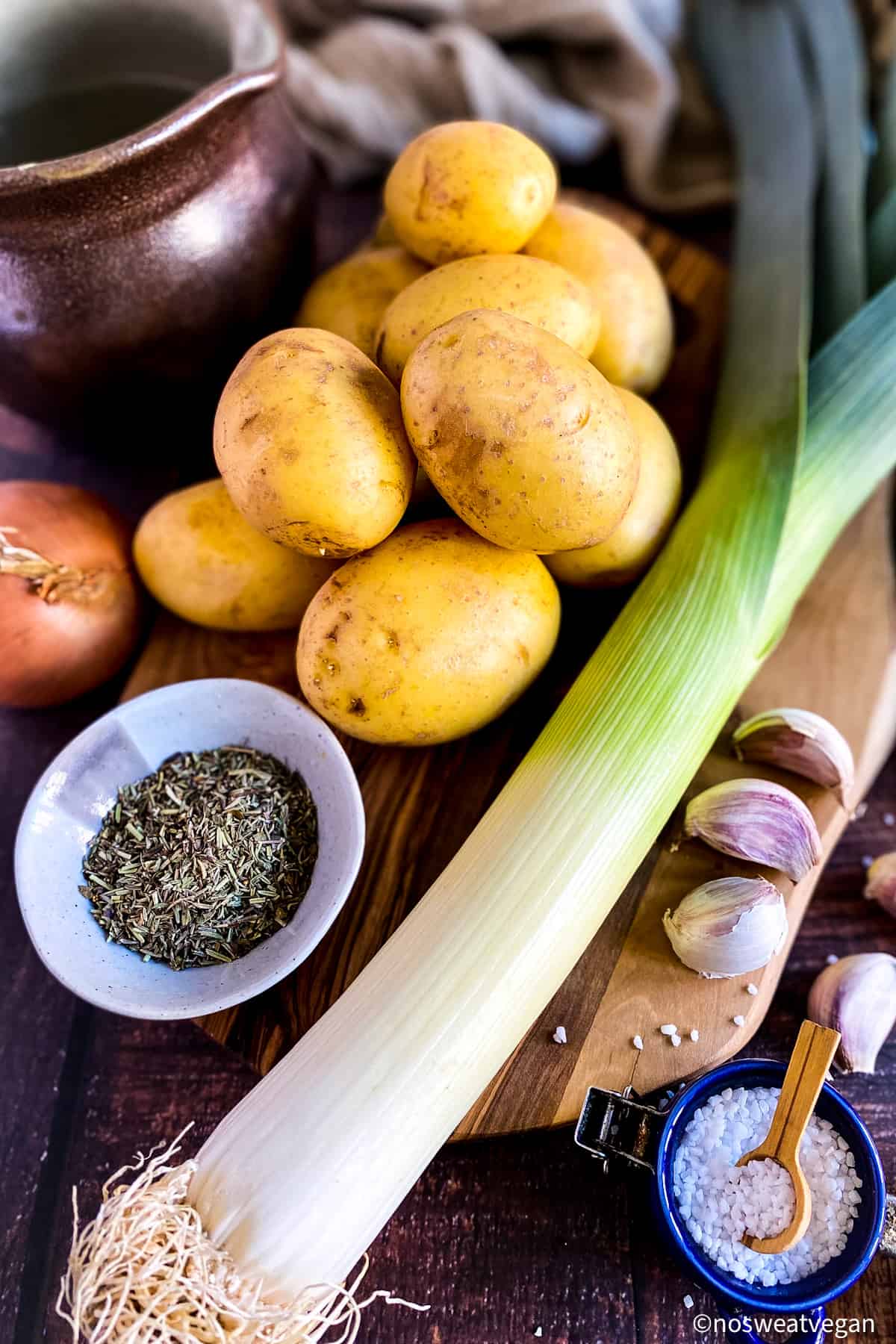 Ingredients for vegan leek and potato soup: leek, potatoes, onion, garlic, herbs, and broth.