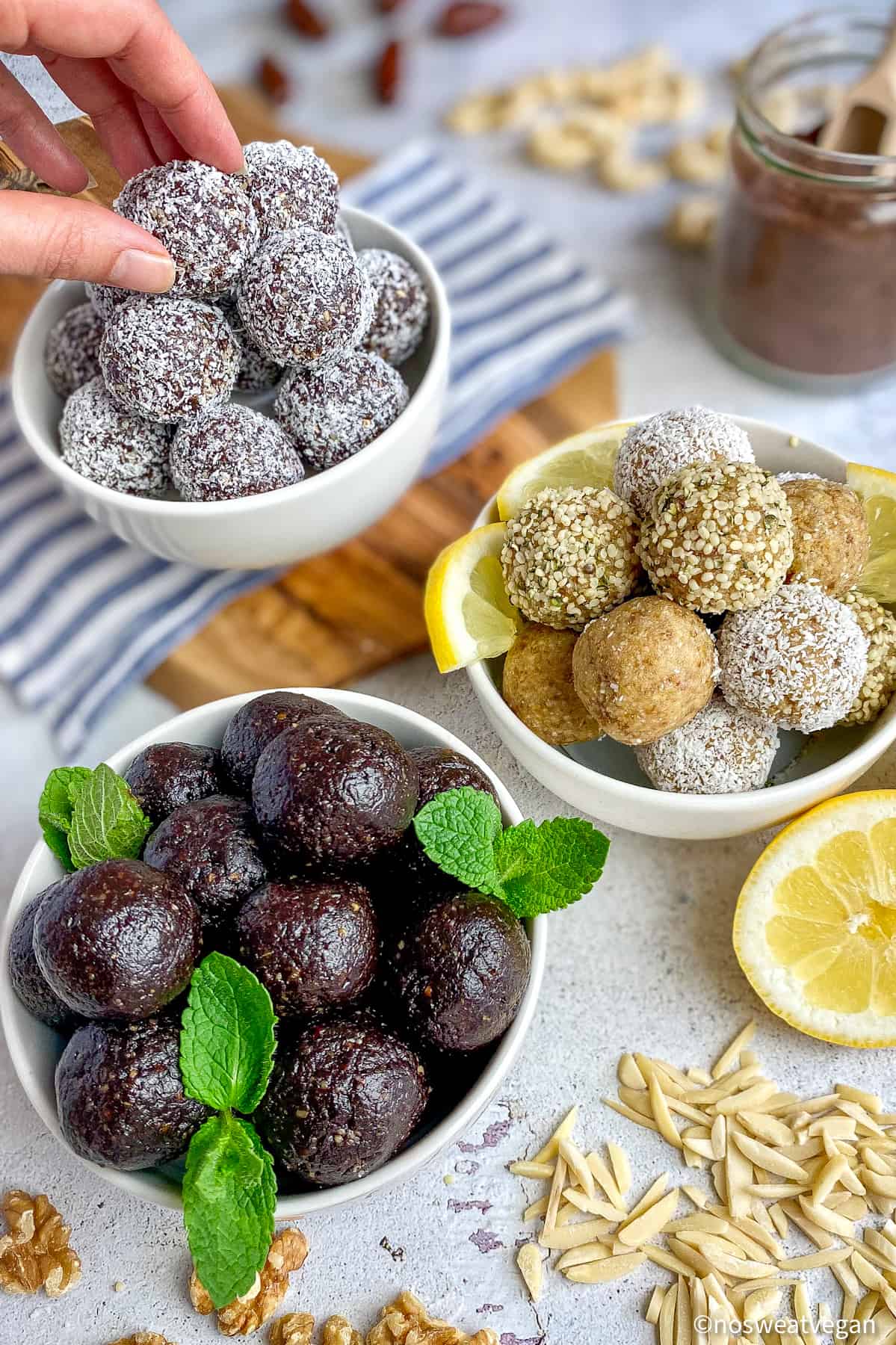 Bliss Balls 3 Ways: Caramel Delight, Lemon, and Thin Mint.