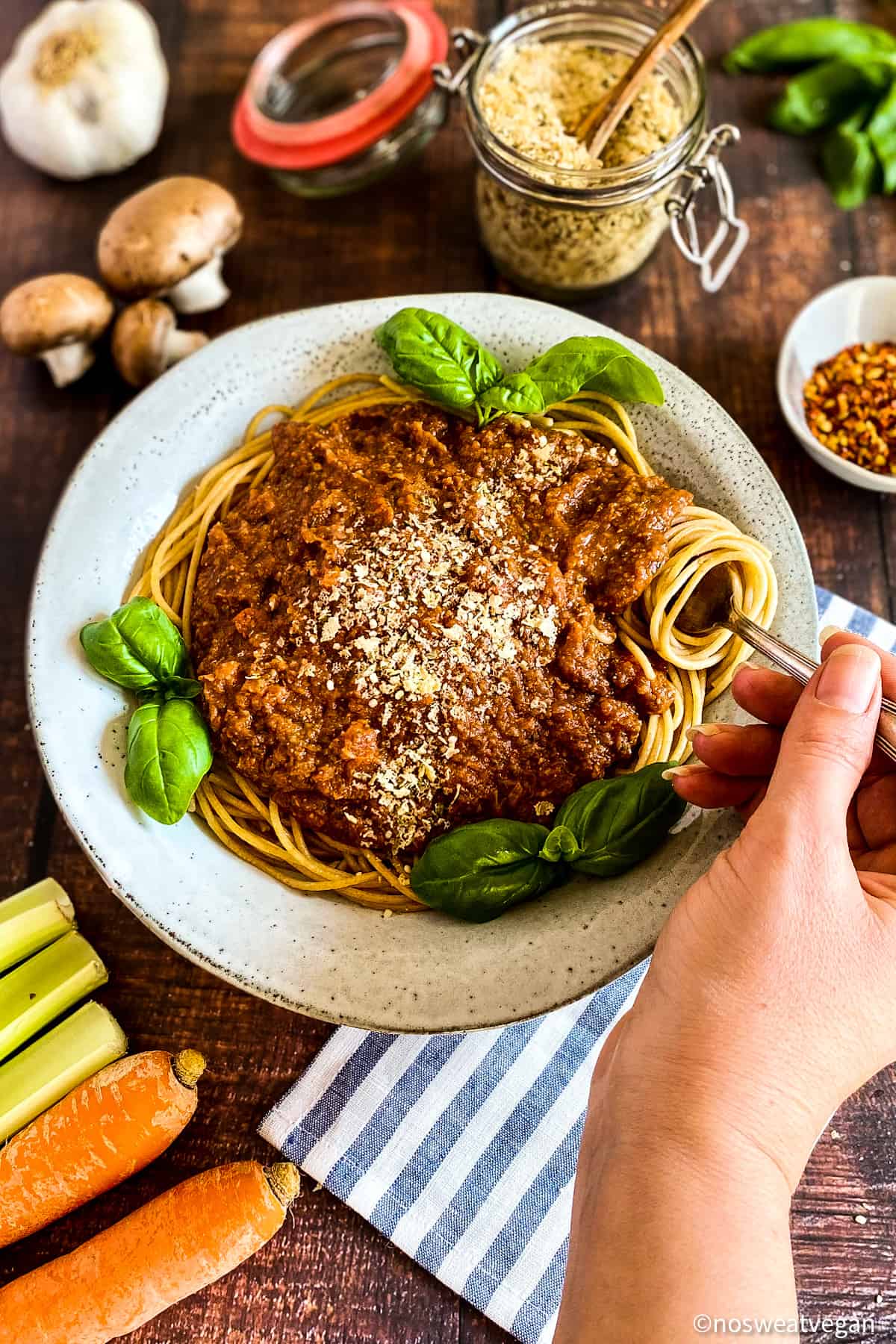 Vegan bolognese sauce over pasta.