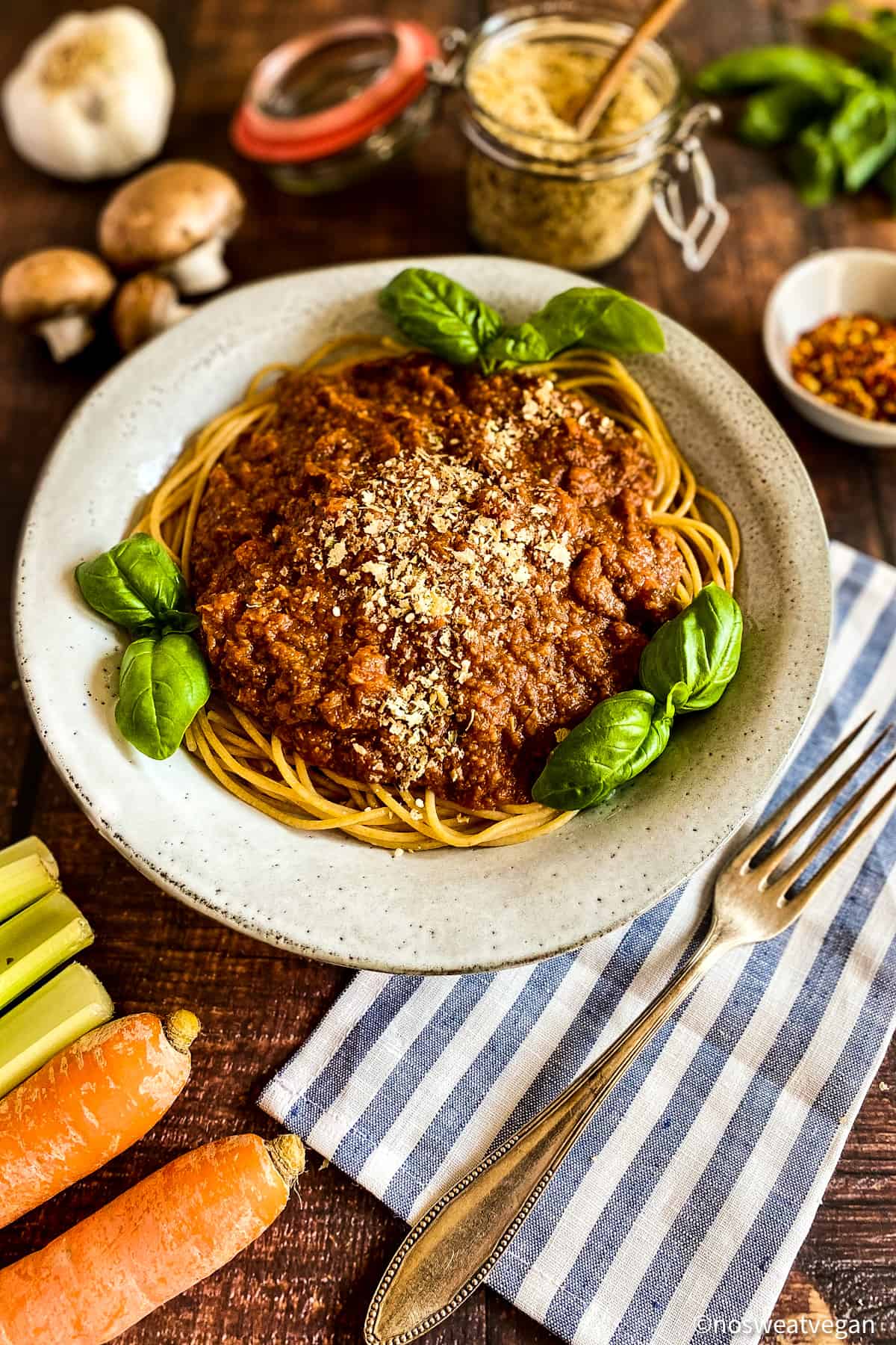 Vegan Bolognese with lentils and mushrooms.