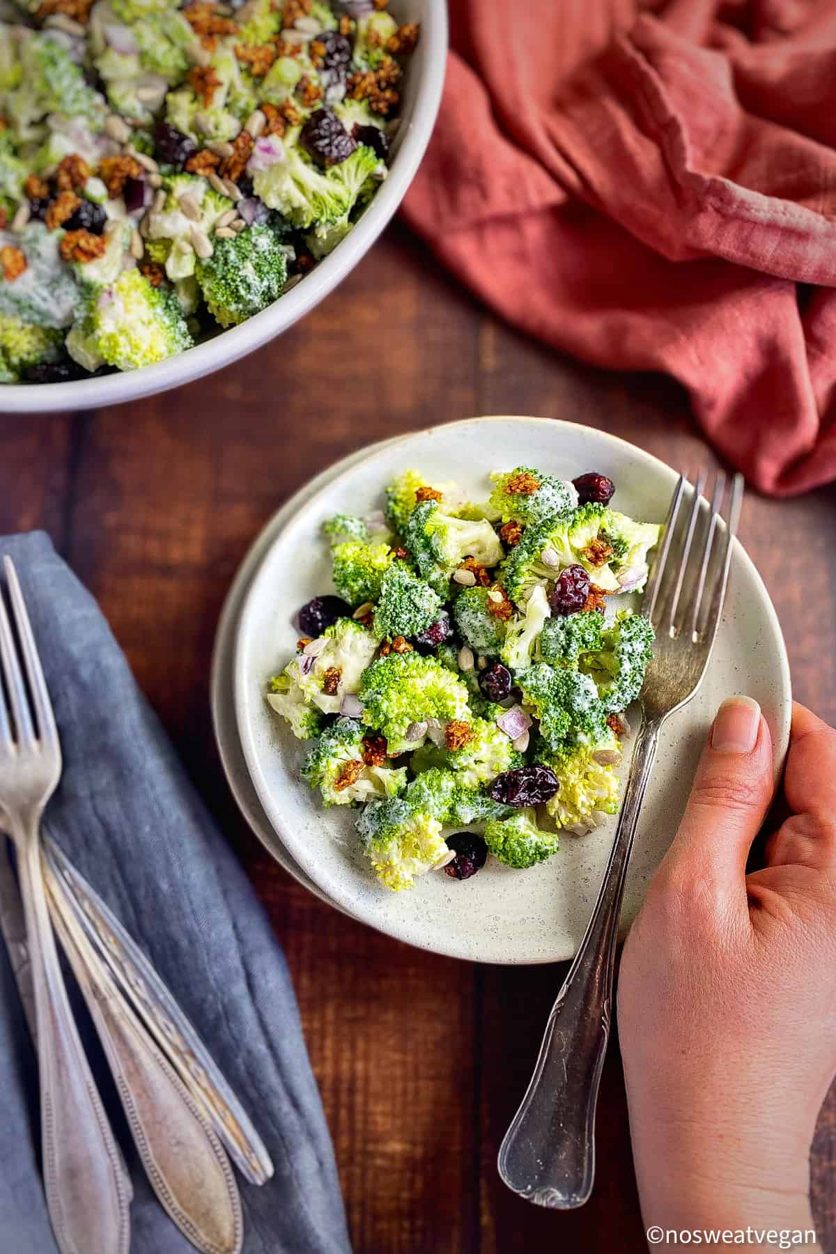 Small plate with Broccoli salad next to bowl with broccoli salad.