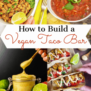 How to build a vegan taco bar collage: pinto beans, salsa, chipotle mayo, and vegan tacos.