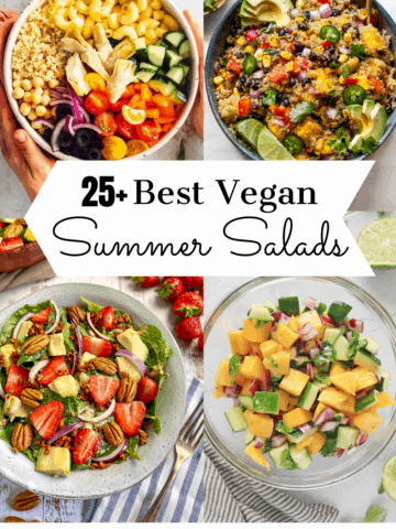 Best Vegan Summer Salads collage: mediterranean pasta salad, southwest quinoa salad, spinach strawberry salad, and cucumber mango salad.