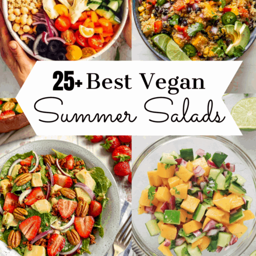 Best Vegan Summer Salads collage: mediterranean pasta salad, southwest quinoa salad, spinach strawberry salad, and cucumber mango salad.