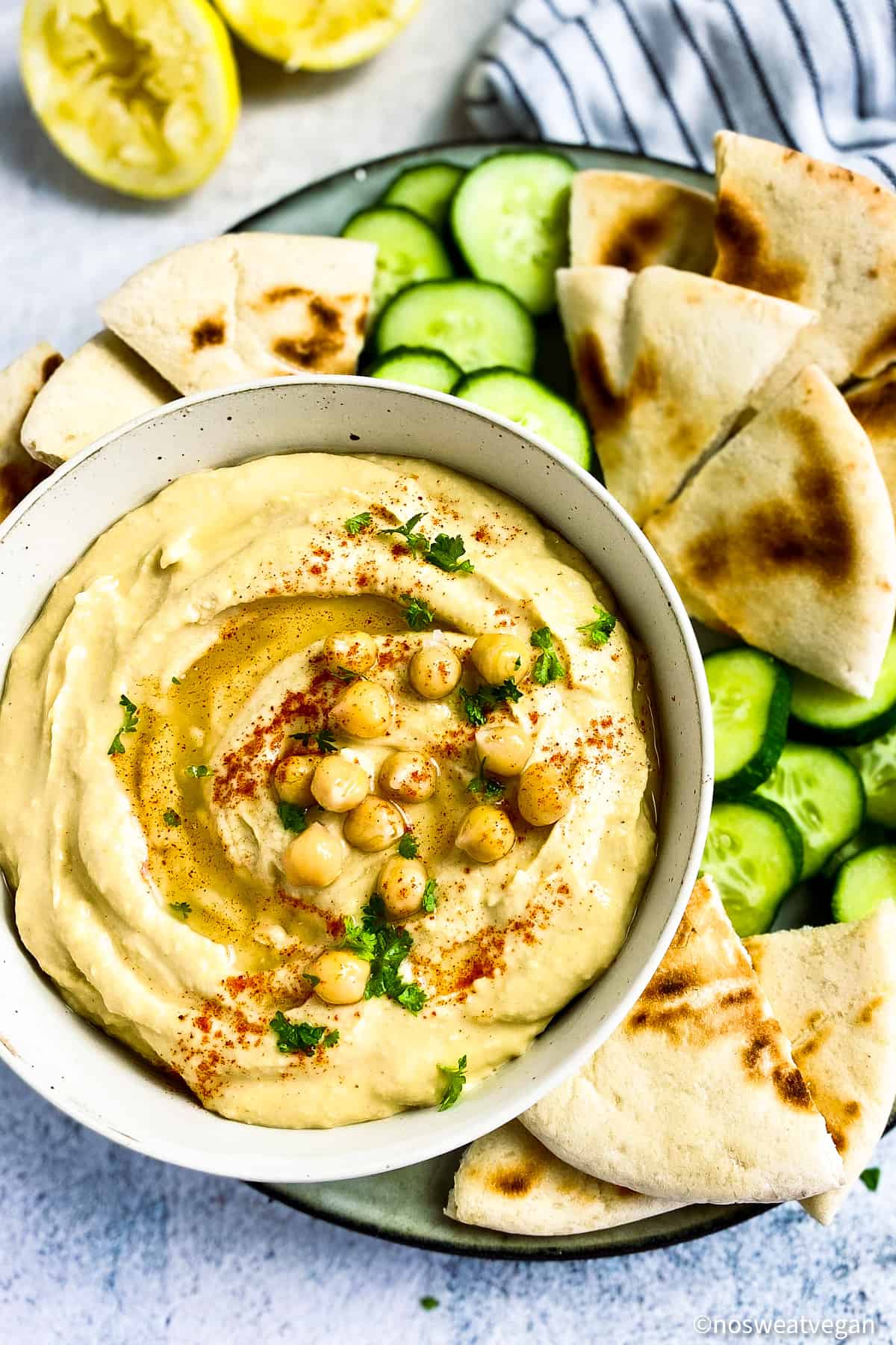Close up of oil-free hummus in a bowl.