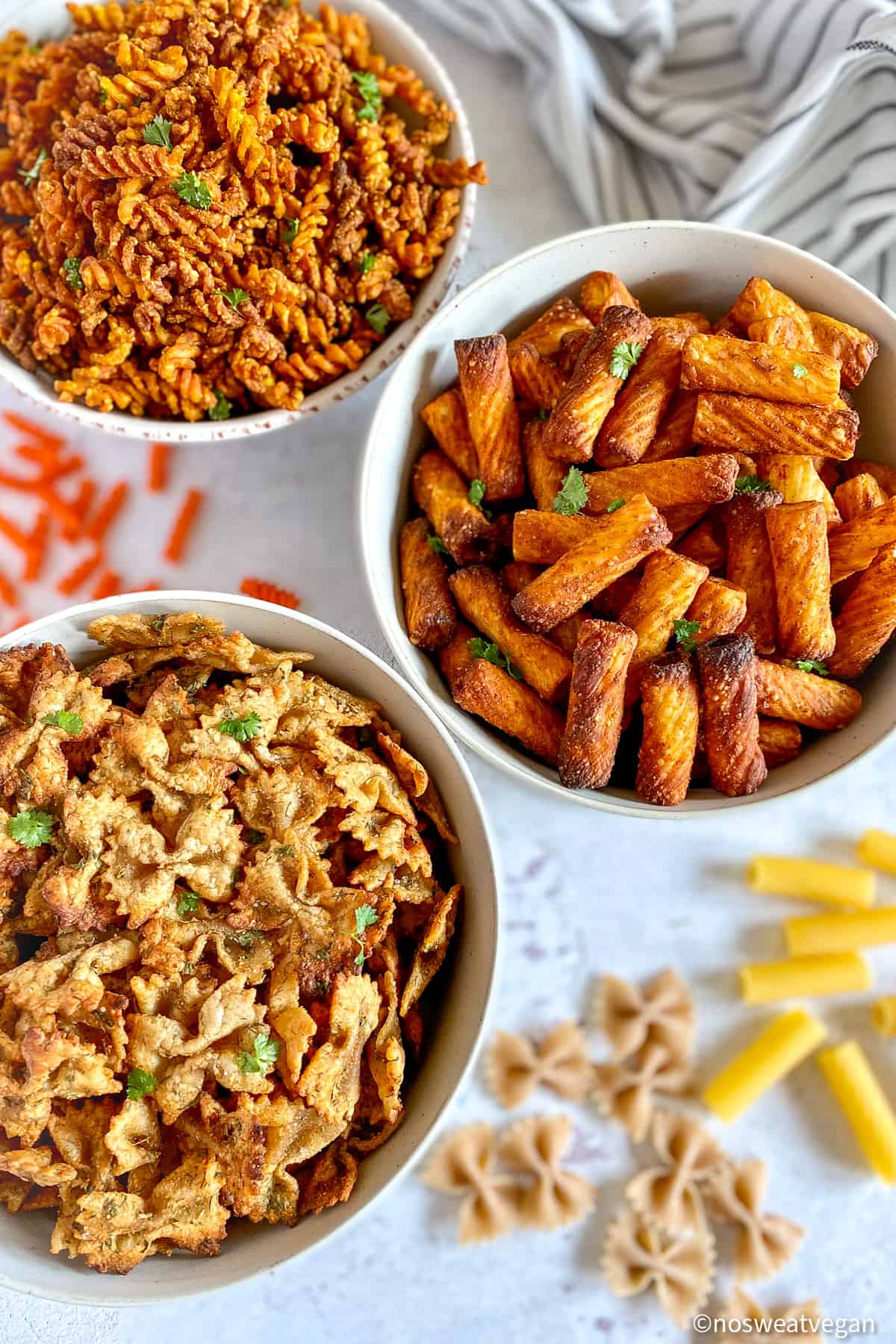 Three kinds of pasta chips made in the air fryer.