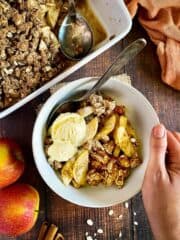 Apple crisp in bowl with vegan vanilla ice cream.