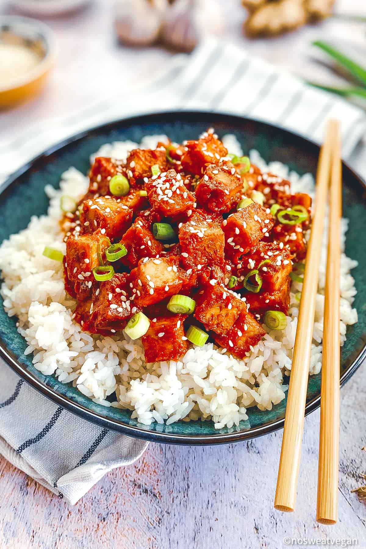 Bowl with closeup of spicy Korean tofu with rice.