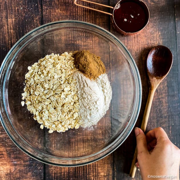 Dry ingredients for crumble topping in bowl.