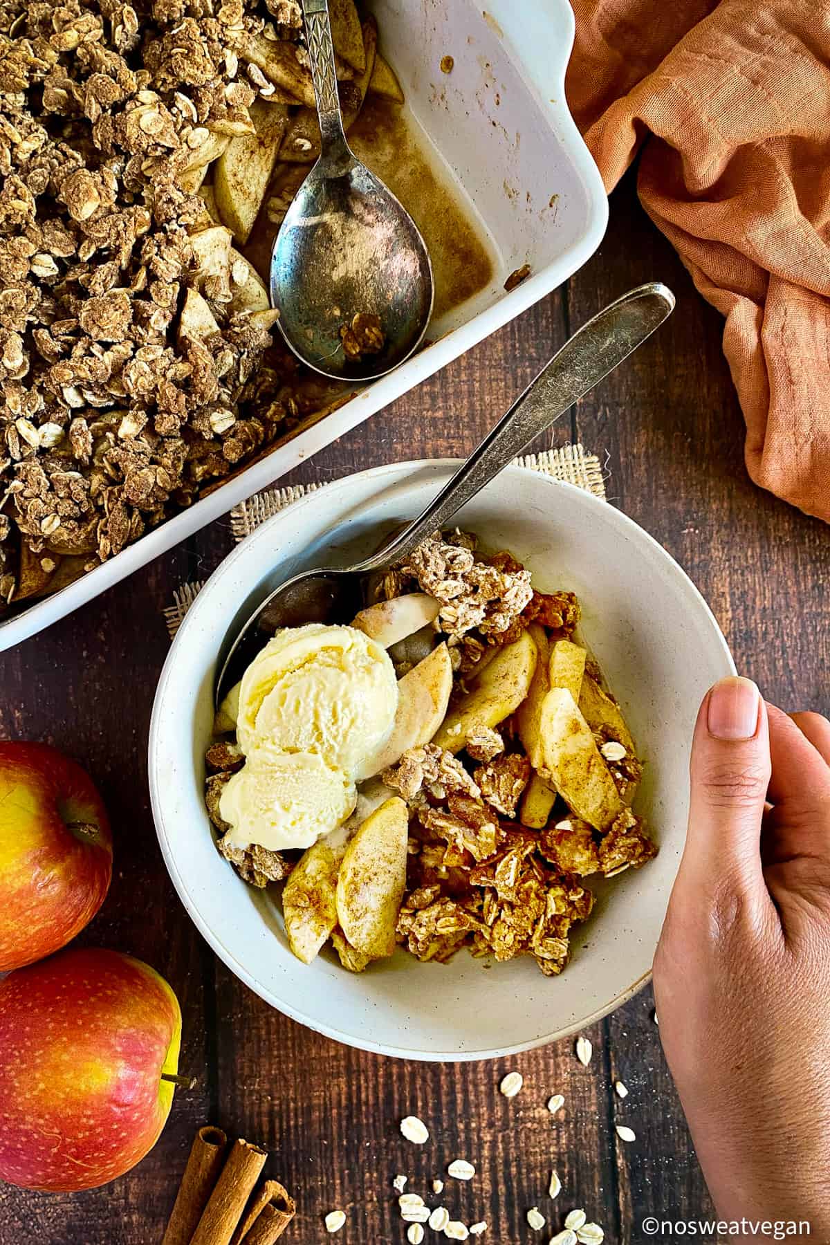 Apple crisp in bowl with vegan vanilla ice cream.