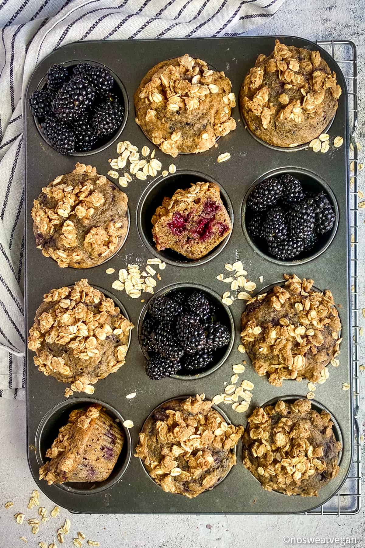 Vegan blackberry muffins in muffin tin with blackberries.