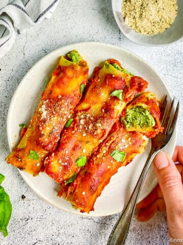 Best vegan cannelloni on plate with fork.