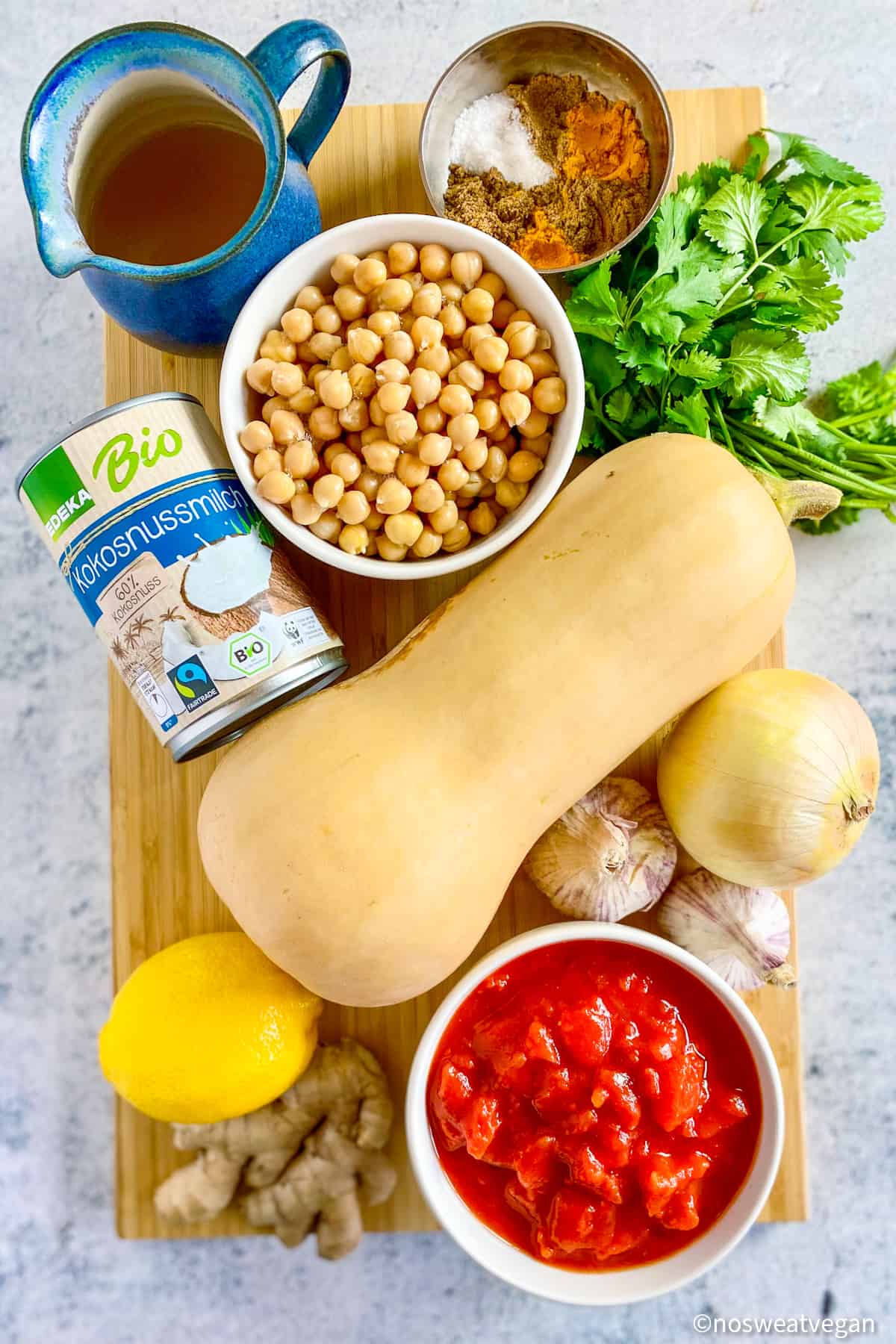 Butternut squash and chickpea curry ingredients.