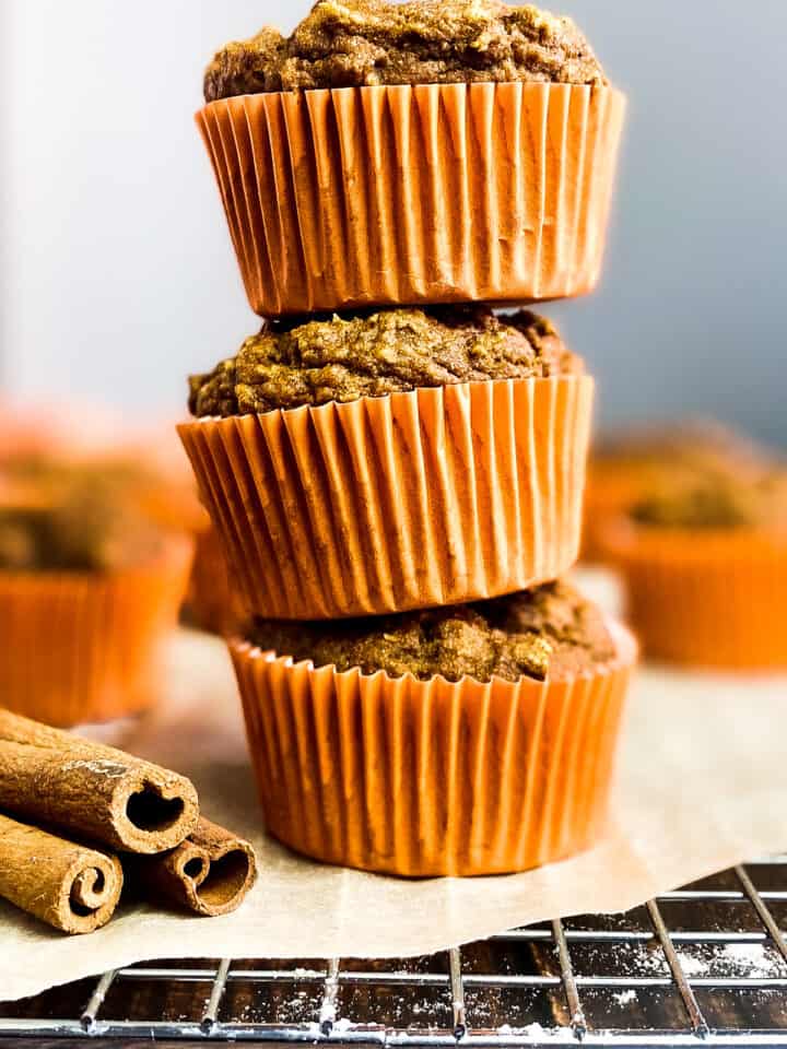 Vegan pumpkin muffins, stacked.