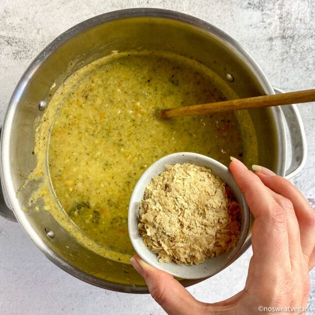 Add nutritional yeast to the broccoli soup.