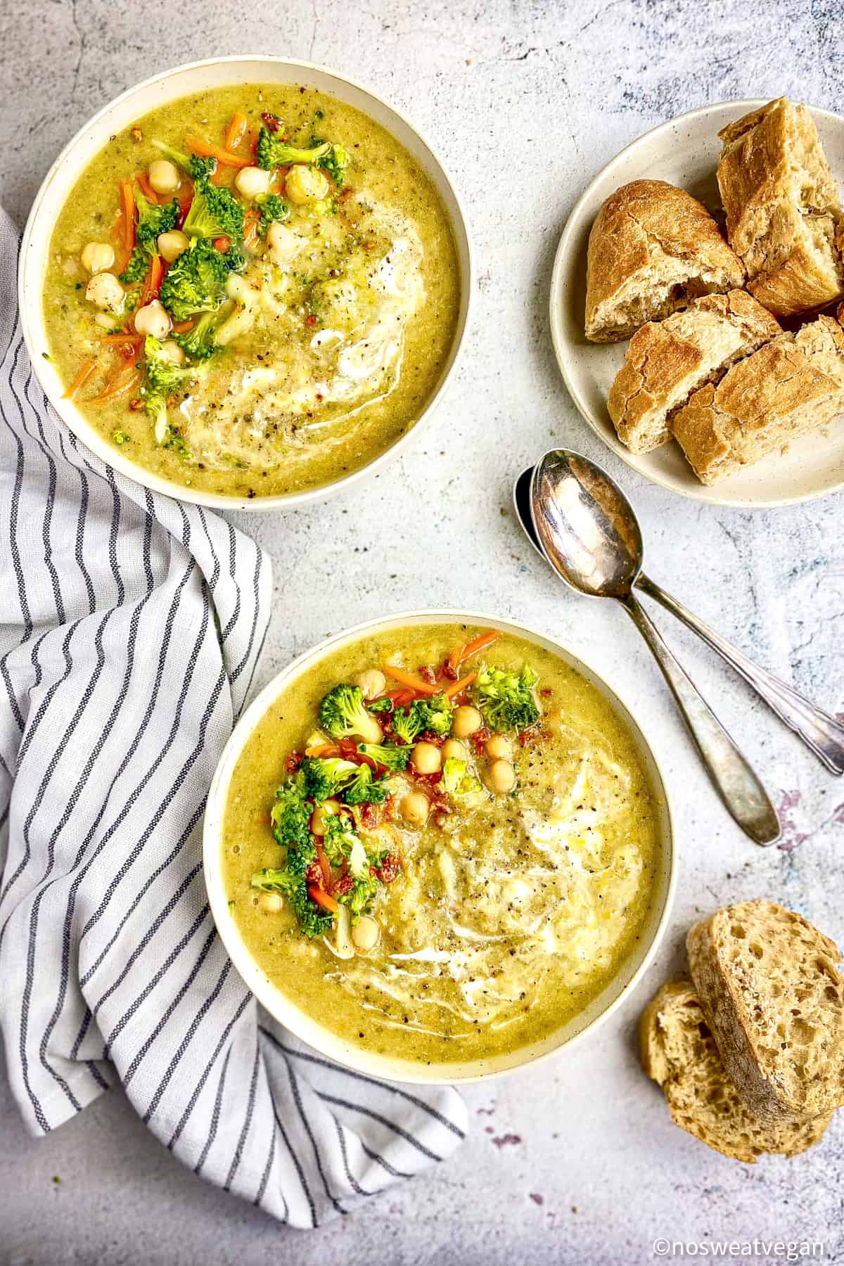 Broccoli soup in two bowls.