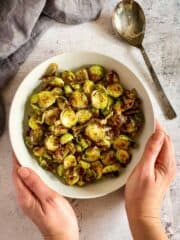Air fryer Brussels sprouts in a bowl.