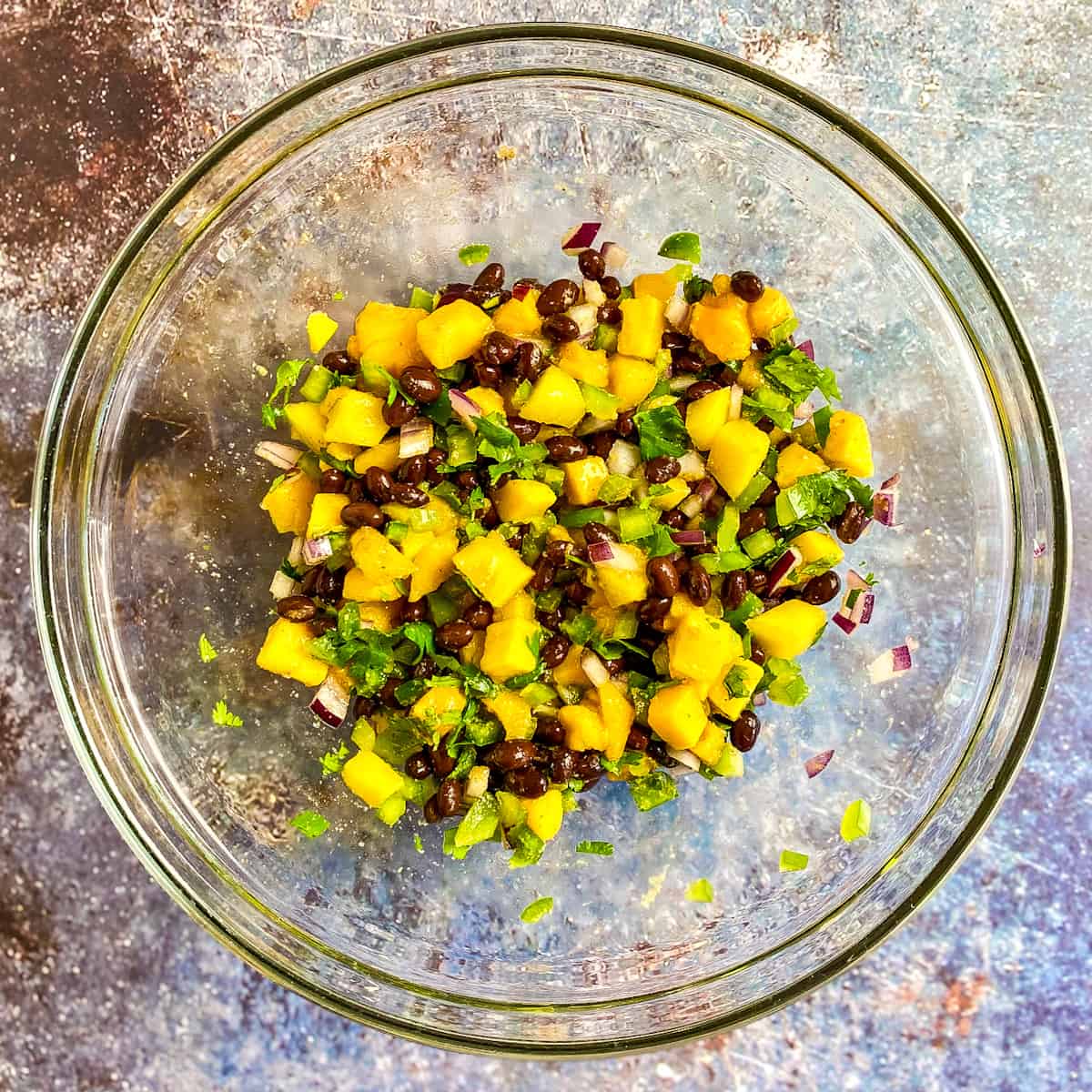 Mango black bean salsa in a bowl.