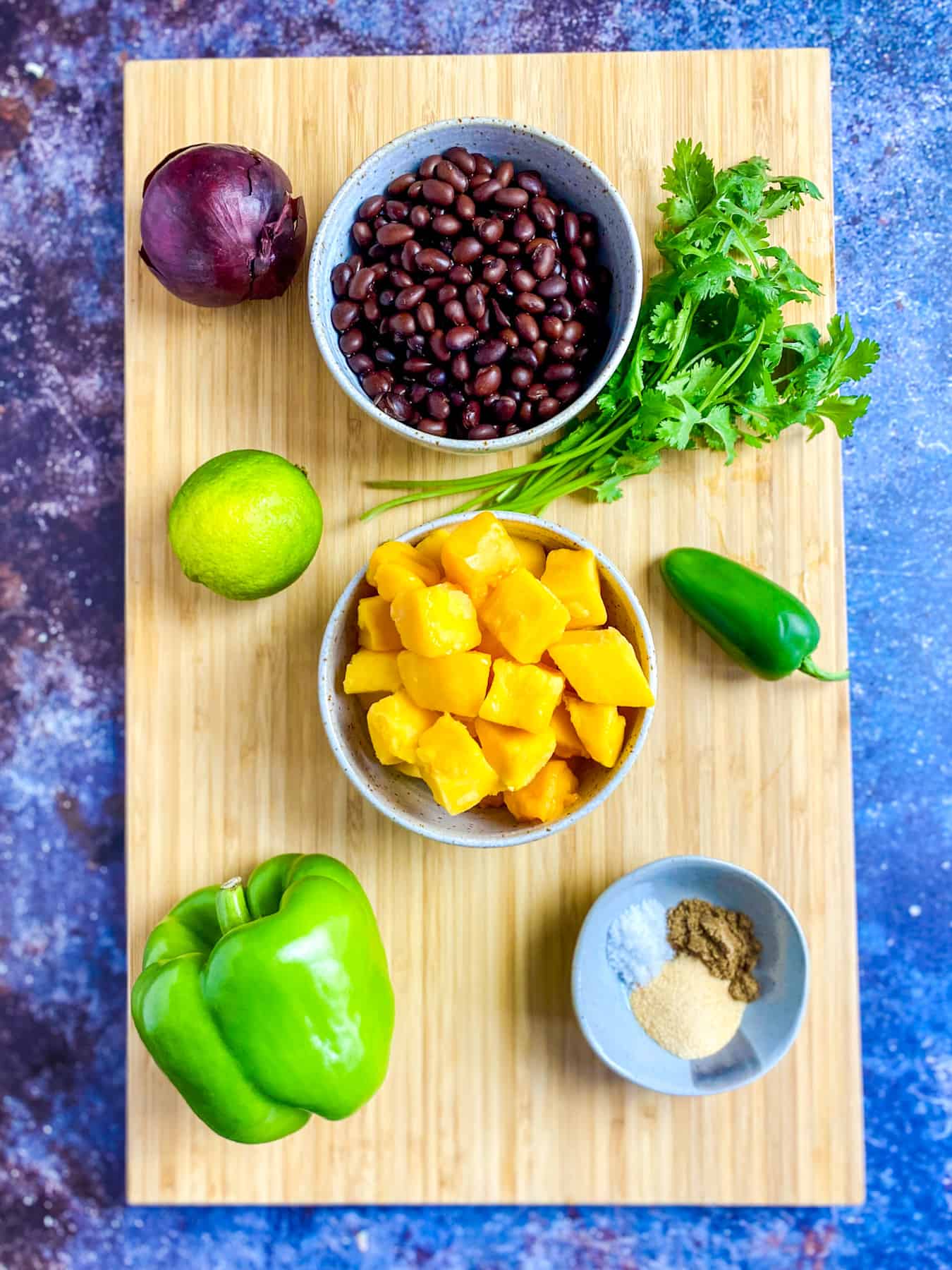 Mango black bean salsa ingredients.