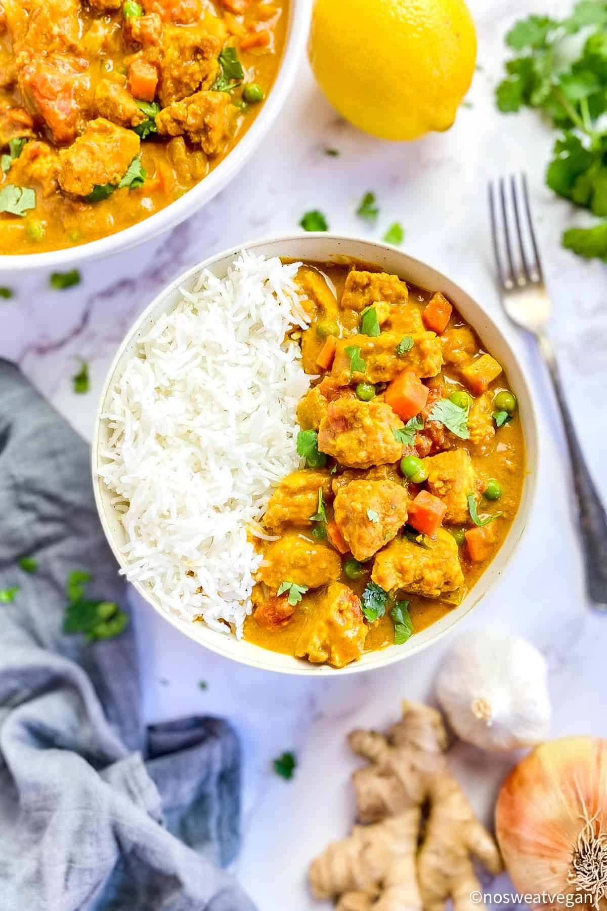 Vegan curry in a bowl with tofu.
