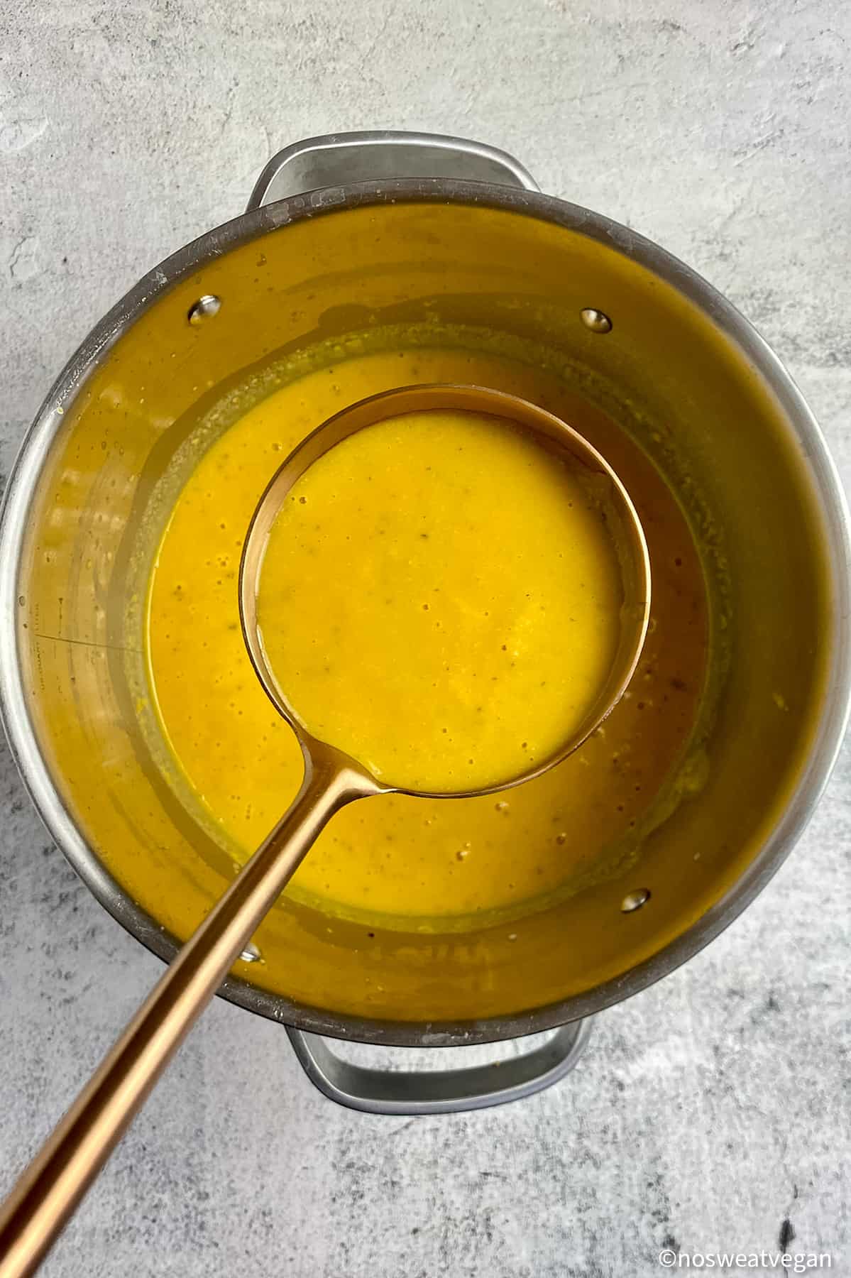 Ladle lifting up a cup of vegan butternut squash soup.