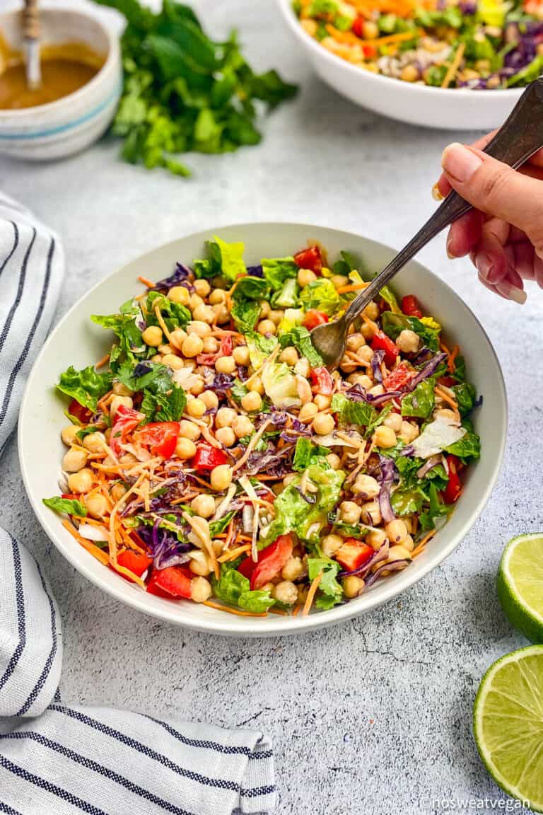 Rainbow Chickpea Salad with Tahini Ginger Dressing – No Sweat Vegan