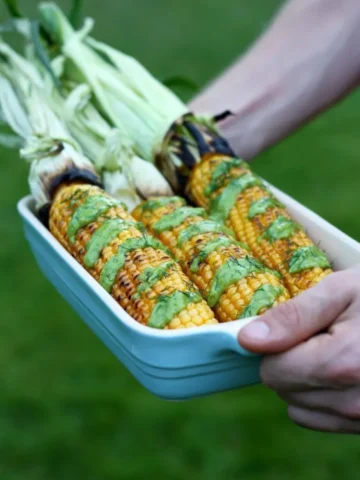 Grilled corn on the cob with avocado dill dressing.