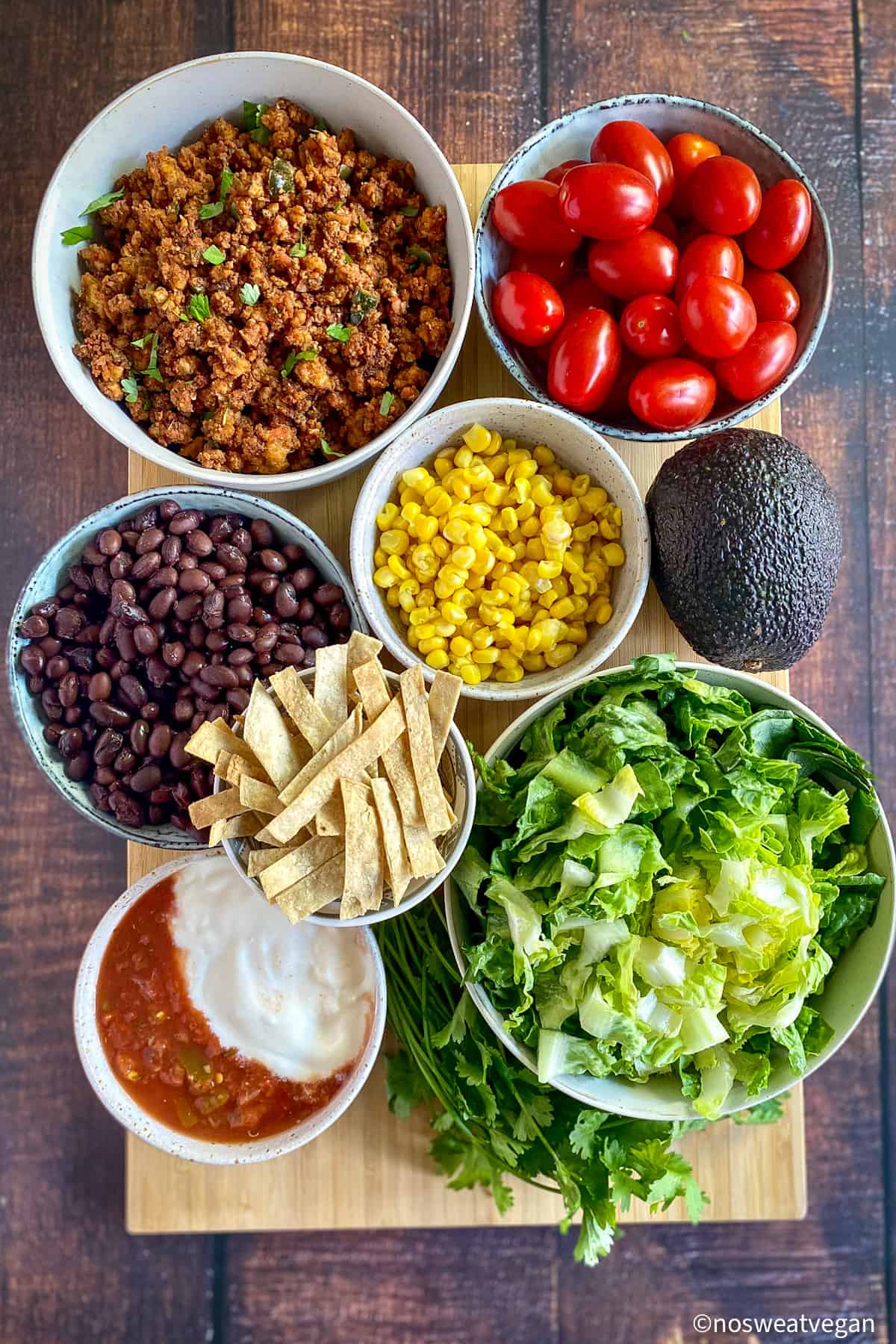 Vegan taco salad ingredients.