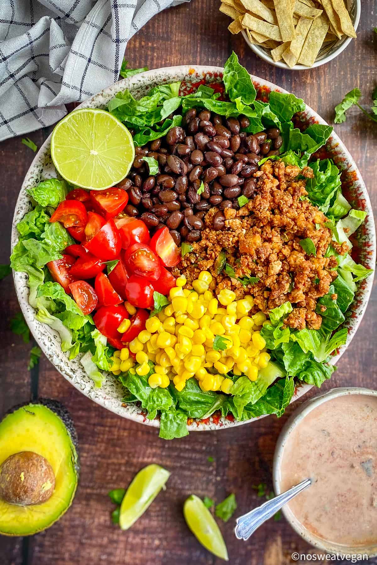 Vegan Taco salad in a bowl, unmixed.