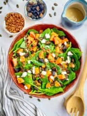 Spinach sweet potato salad in a bowl.