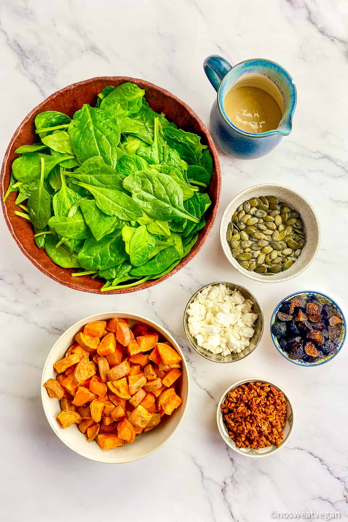 Sweet potato spinach salad ingredients.