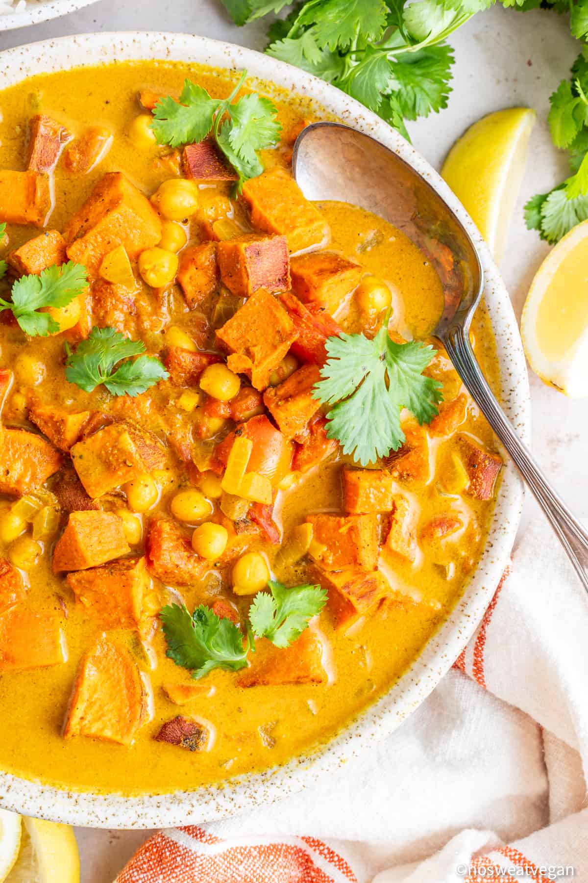 Sweet potato and chickpea curry in a bowl with a spoon.