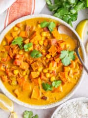 Sweet potato chickpea curry in a bowl.
