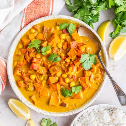 Sweet potato chickpea curry in a bowl.