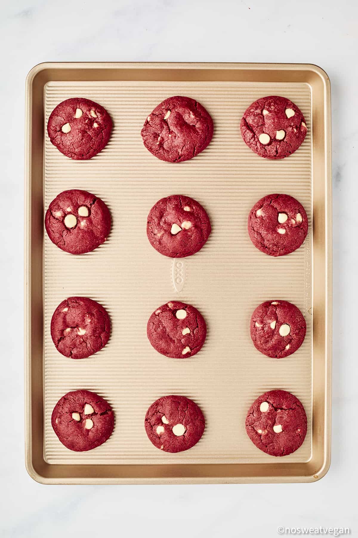 Vegan red velvet cookies baked on try.