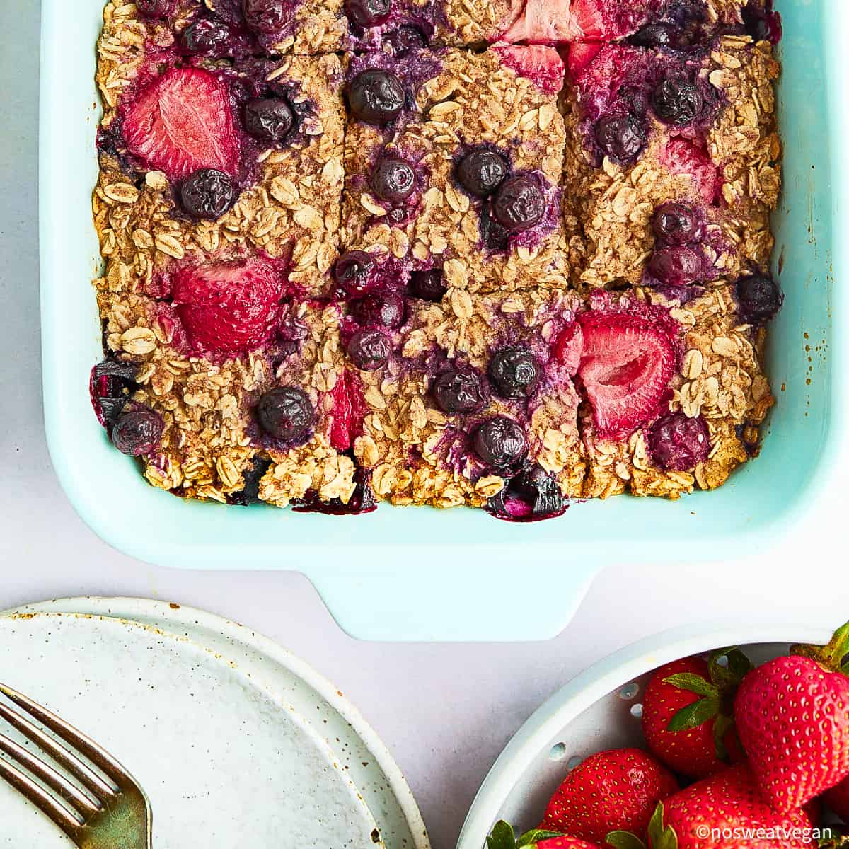 Vegan baked oatmeal in a baking dish.