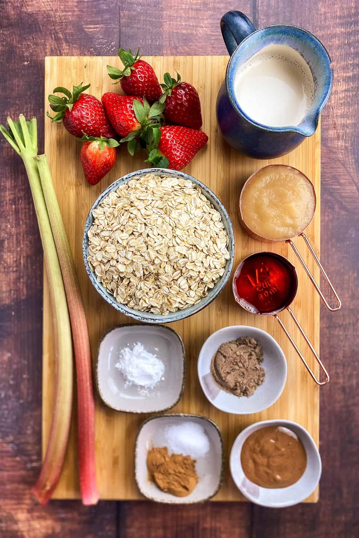 Ingredients for strawberry rhubarb baked oatmeal.