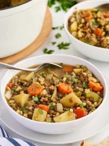 Lentil barley stew in a bowl.