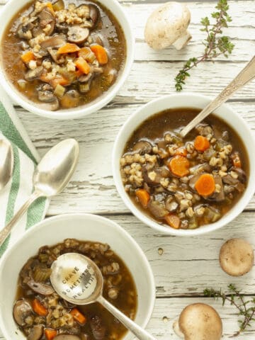 Mushroom barley soup in a bowl.