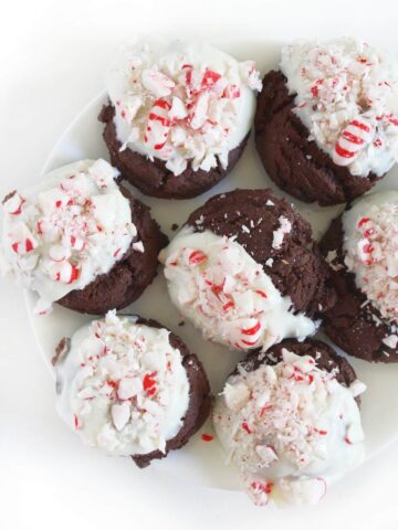 Vegan chocolate peppermint bark cookies on a plate.