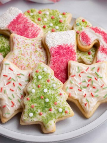 Vegan Christmas sugar cookies on a plate.