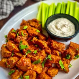 Closeup of Buffalo tofu on a plate.